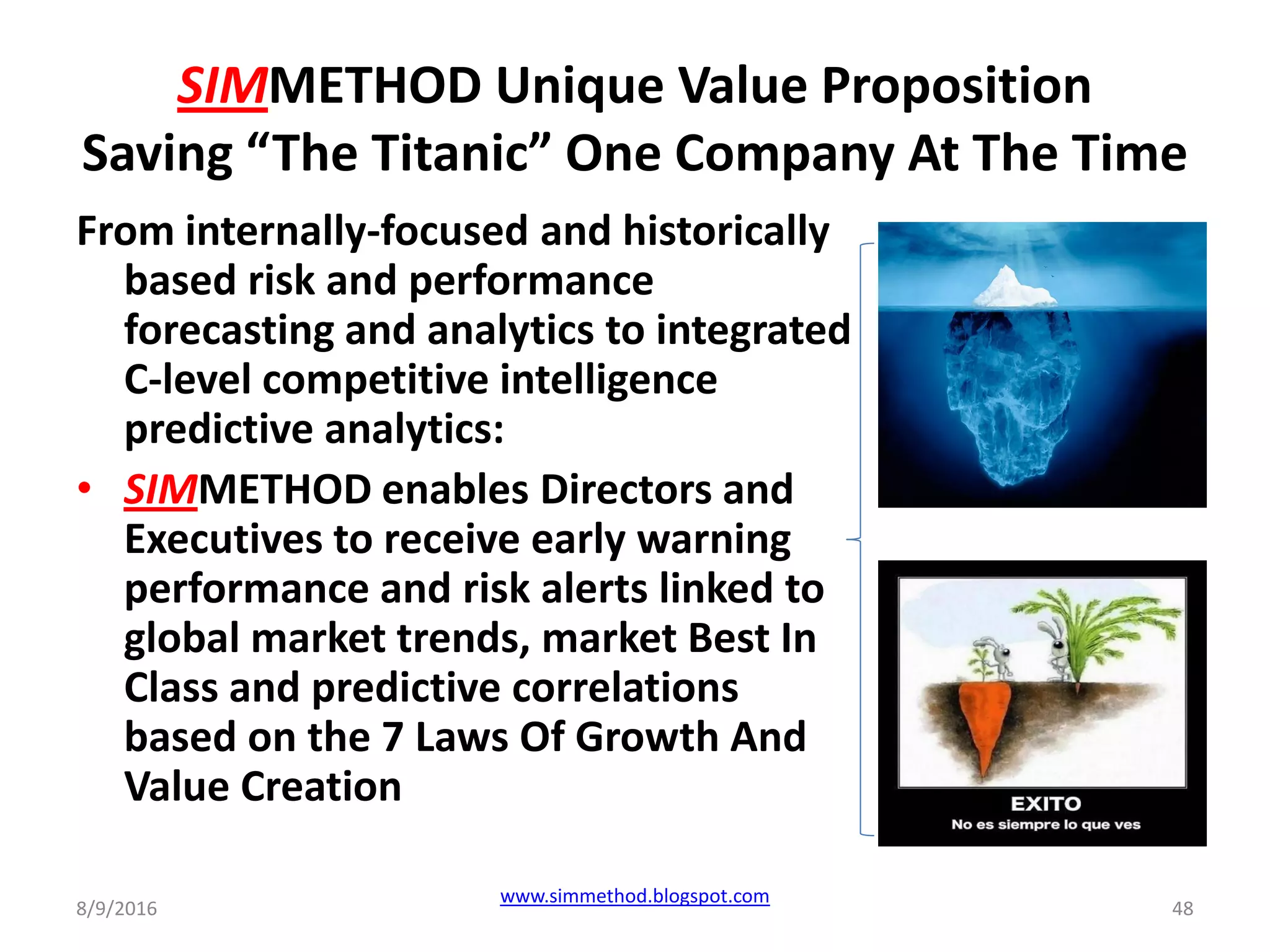 SIMMETHOD Unique Value Proposition
Saving “The Titanic” One Company At The Time
8/9/2016
www.simmethod.blogspot.com
48
From internally-focused and historically
based risk and performance
forecasting and analytics to integrated
C-level competitive intelligence
predictive analytics:
• SIMMETHOD enables Directors and
Executives to receive early warning
performance and risk alerts linked to
global market trends, market Best In
Class and predictive correlations
based on the 7 Laws Of Growth And
Value Creation
 