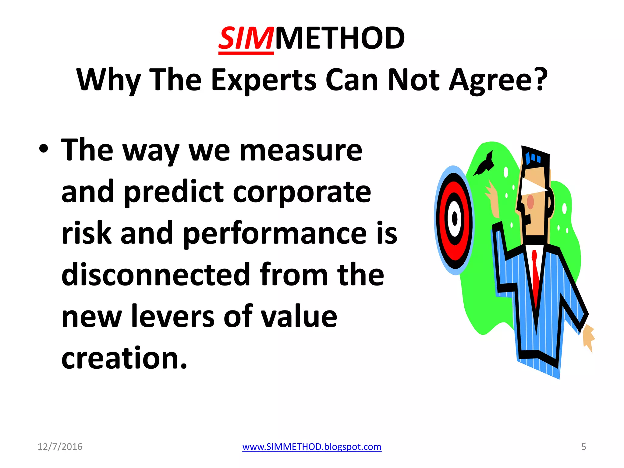 SIMMETHOD
Why The Experts Can Not Agree?
• The way we measure
and predict corporate
risk and performance is
disconnected from the
new levers of value
creation.
12/7/2016 www.SIMMETHOD.blogspot.com 5
 