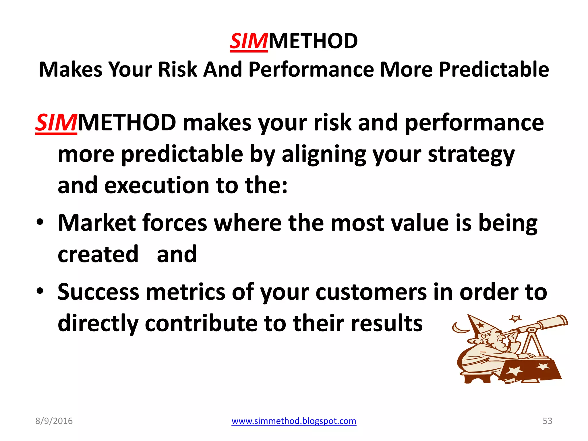 SIMMETHOD
Makes Your Risk And Performance More Predictable
SIMMETHOD makes your risk and performance
more predictable by aligning your strategy
and execution to the:
• Market forces where the most value is being
created and
• Success metrics of your customers in order to
directly contribute to their results
8/9/2016 www.simmethod.blogspot.com 53
 