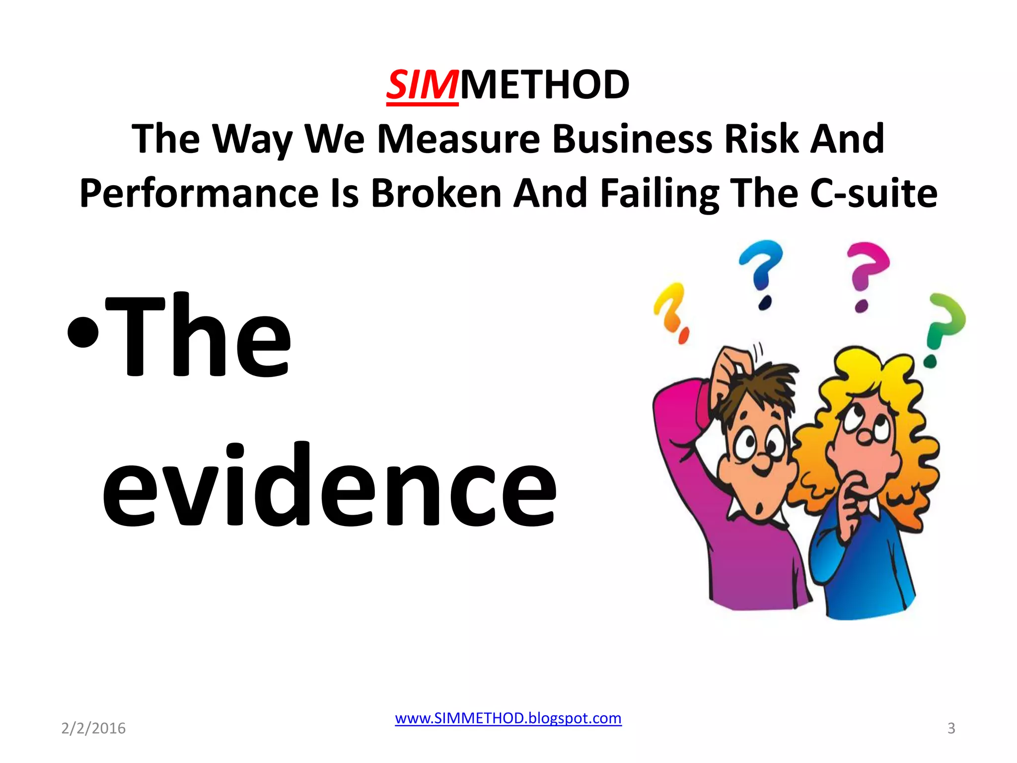 SIMMETHOD
The Way We Measure Business Risk And
Performance Is Broken And Failing The C-suite
•The
evidence
2/2/2016 3
www.SIMMETHOD.blogspot.com
 
