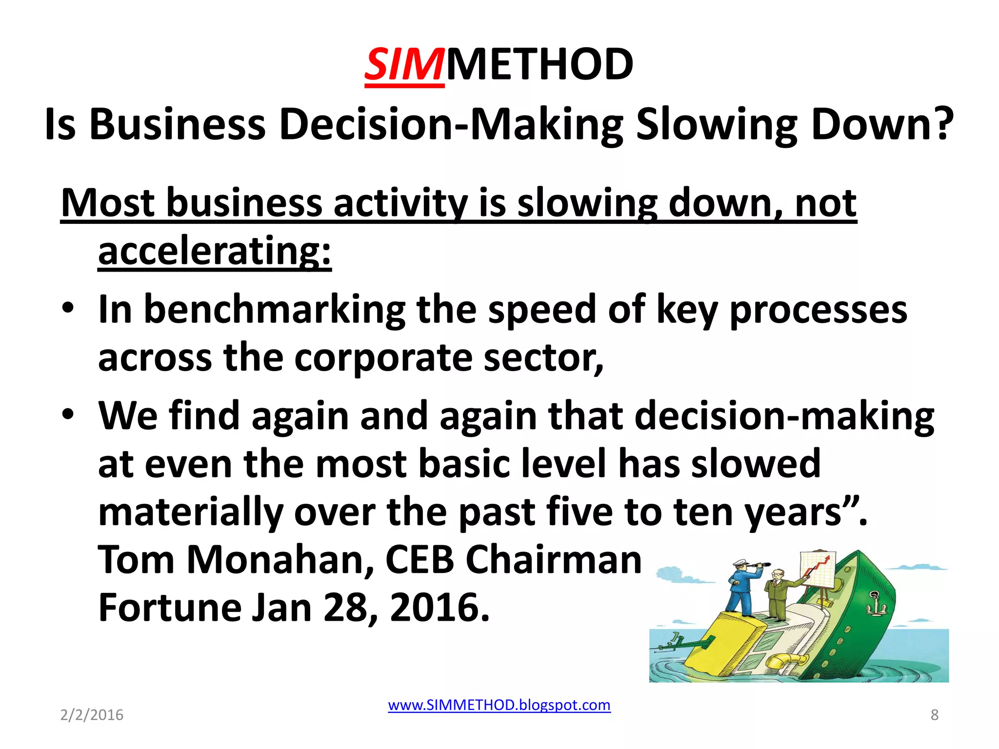 SIMMETHOD
Is Business Decision-Making Slowing Down?
Most business activity is slowing down, not
accelerating:
• In benchmarking the speed of key processes
across the corporate sector,
• We find again and again that decision-making
at even the most basic level has slowed
materially over the past five to ten years”.
Tom Monahan, CEB Chairman on
Fortune Jan 28, 2016.
2/2/2016 8
www.SIMMETHOD.blogspot.com
 