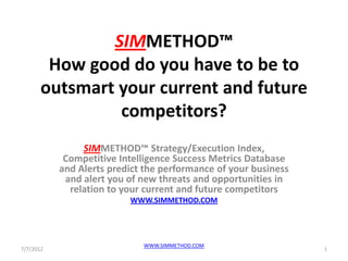 SIMMETHOD™
        How good do you have to be to
       outsmart your current and future
                competitors?
                SIMMETHOD™ Strategy/Execution Index,
            Competitive Intelligence Success Metrics Database
           and Alerts predict the performance of your business
            and alert you of new threats and opportunities in
             relation to your current and future competitors
                          WWW.SIMMETHOD.COM




                             WWW.SIMMETHOD.COM
7/7/2012                                                         1
 