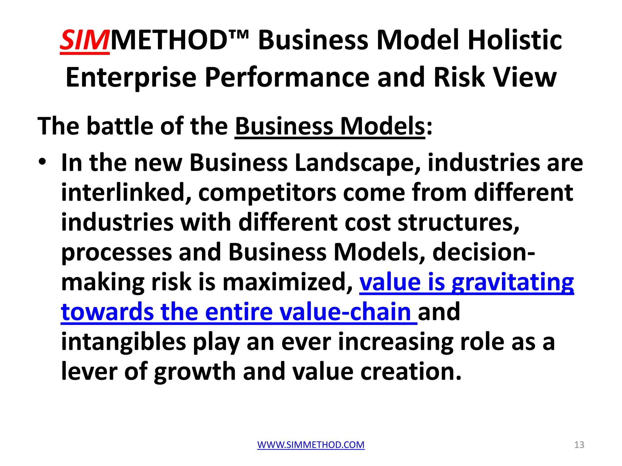 SIMMETHOD™ Business Model Holistic
 Enterprise Performance and Risk View
The battle of the Business Models:
• In the new Business Landscape, industries are
  interlinked, competitors come from different
  industries with different cost structures,
  processes and Business Models, decision-
  making risk is maximized, value is gravitating
  towards the entire value-chain and
  intangibles play an ever increasing role as a
  lever of growth and value creation.

                   WWW.SIMMETHOD.COM           13
 