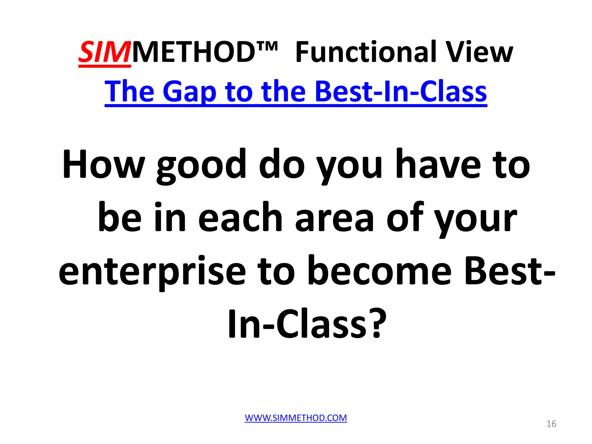 SIMMETHOD™ Functional View
   The Gap to the Best-In-Class

How good do you have to
  be in each area of your
enterprise to become Best-
         In-Class?
            WWW.SIMMETHOD.COM
                                  16
 