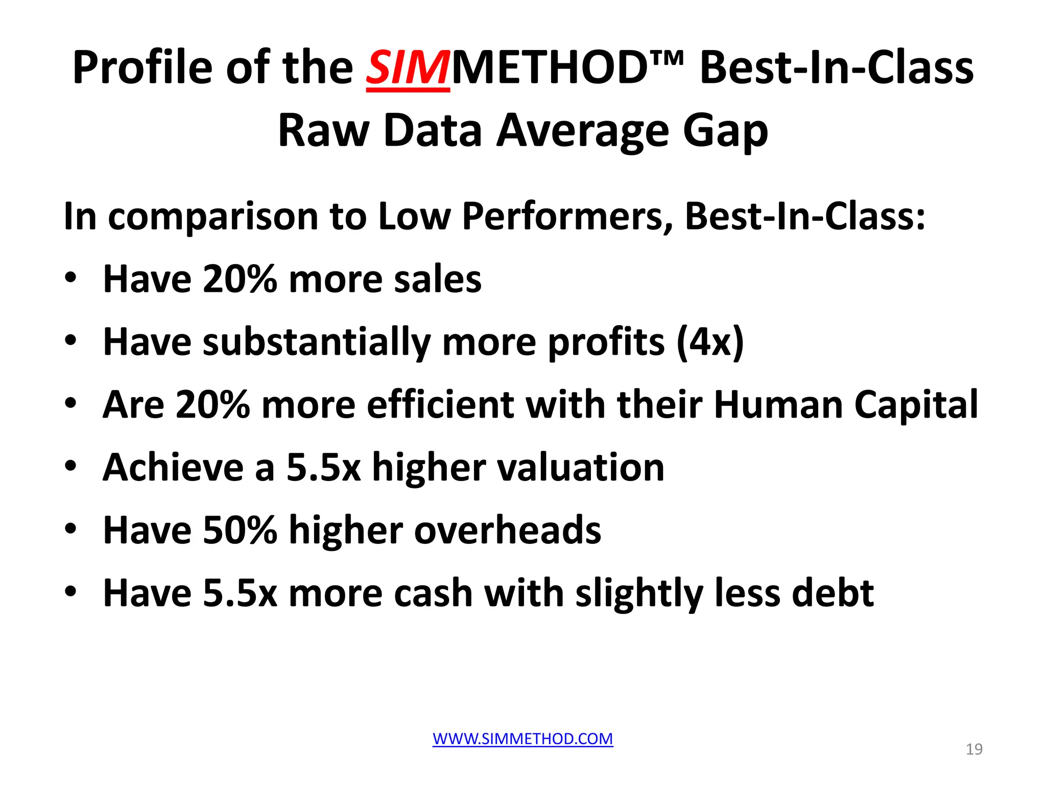 Profile of the SIMMETHOD™ Best-In-Class
           Raw Data Average Gap
In comparison to Low Performers, Best-In-Class:
• Have 20% more sales
• Have substantially more profits (4x)
• Are 20% more efficient with their Human Capital
• Achieve a 5.5x higher valuation
• Have 50% higher overheads
• Have 5.5x more cash with slightly less debt


                   WWW.SIMMETHOD.COM
                                                19
 
