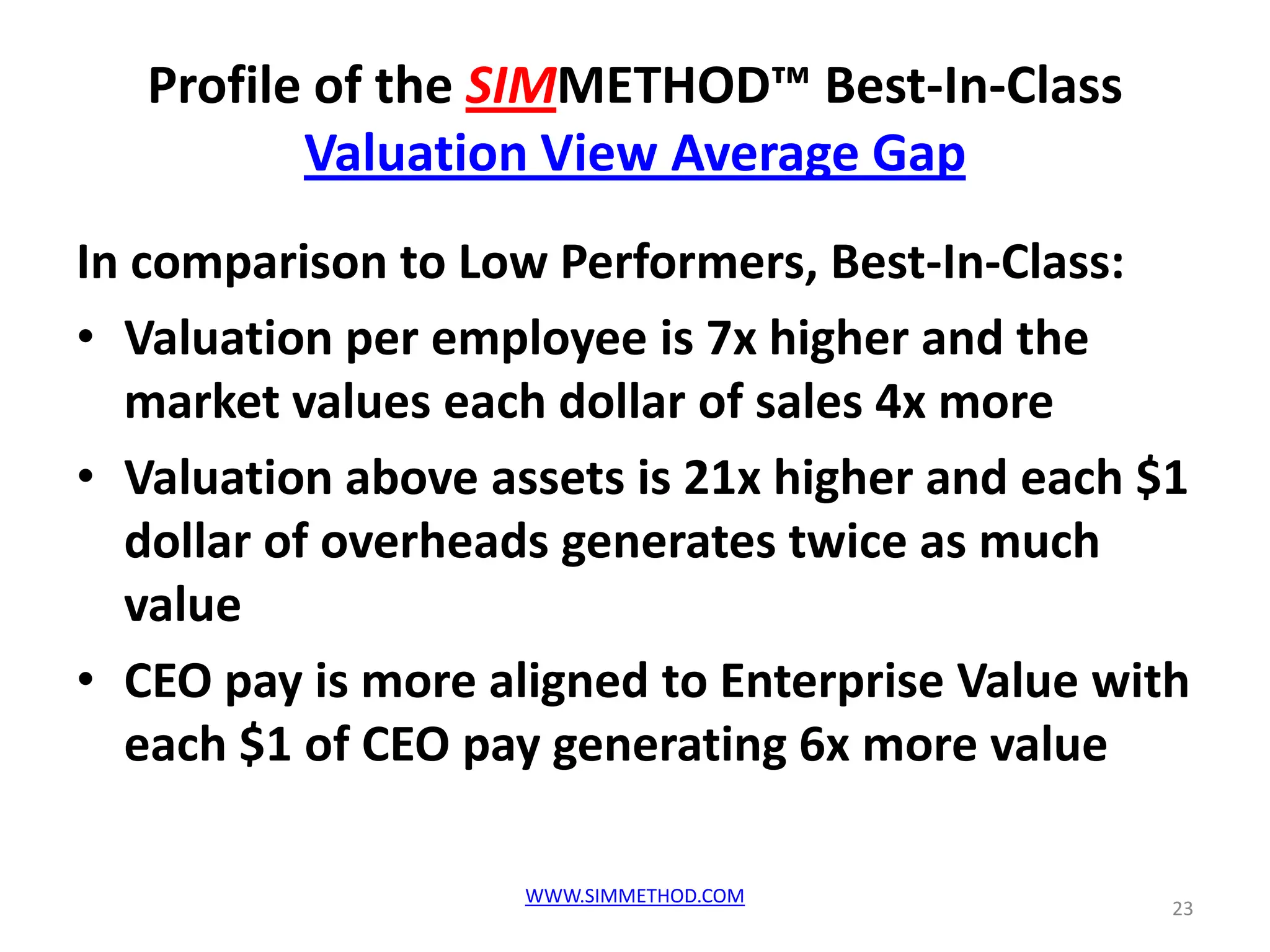 Profile of the SIMMETHOD™ Best-In-Class
          Valuation View Average Gap
In comparison to Low Performers, Best-In-Class:
• Valuation per employee is 7x higher and the
  market values each dollar of sales 4x more
• Valuation above assets is 21x higher and each $1
  dollar of overheads generates twice as much
  value
• CEO pay is more aligned to Enterprise Value with
  each $1 of CEO pay generating 6x more value

                    WWW.SIMMETHOD.COM
                                                 23
 