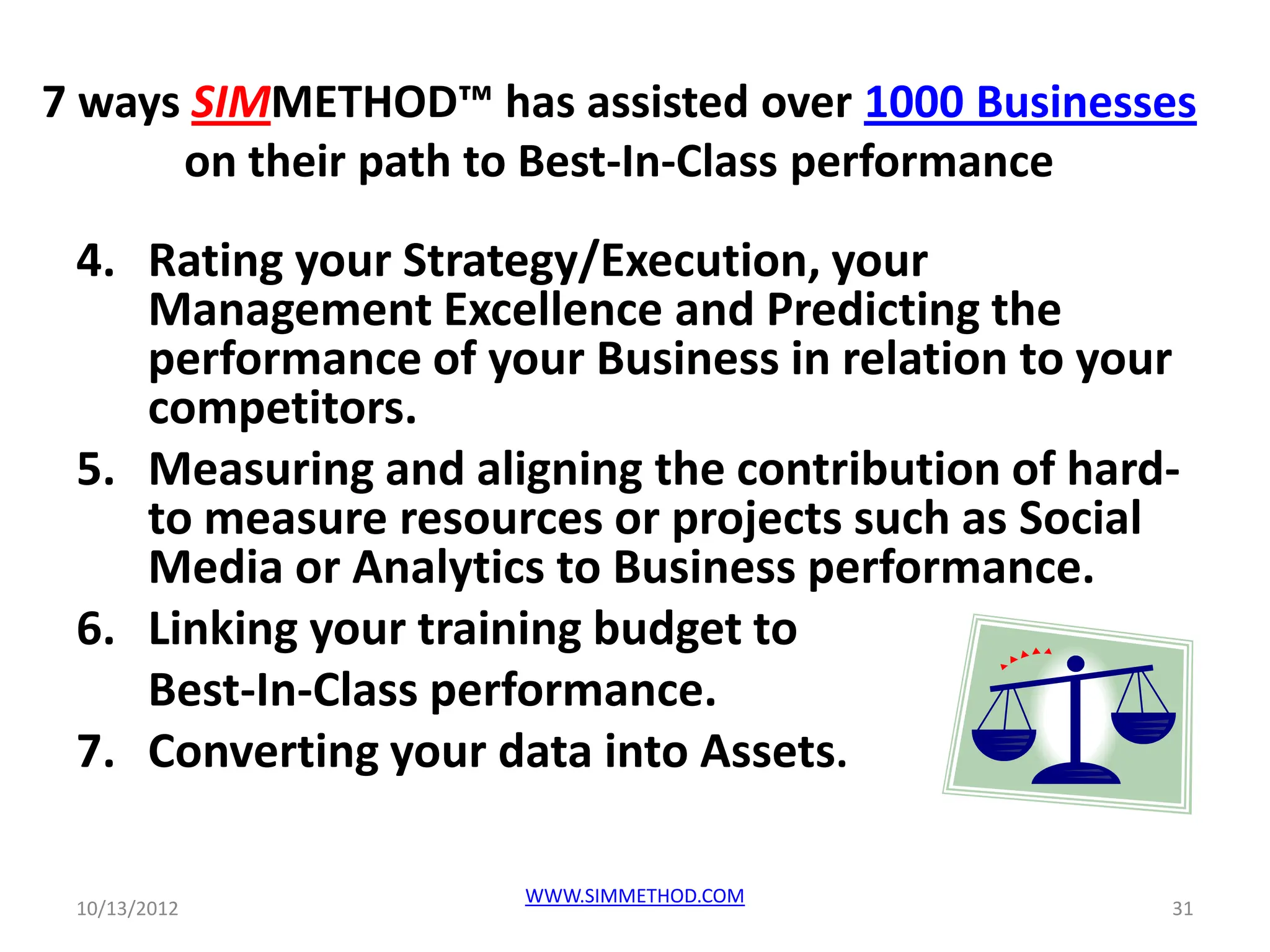 7 ways SIMMETHOD™ has assisted over 1000 Businesses
      on their path to Best-In-Class performance

 4. Rating your Strategy/Execution, your
    Management Excellence and Predicting the
    performance of your Business in relation to your
    competitors.
 5. Measuring and aligning the contribution of hard-
    to measure resources or projects such as Social
    Media or Analytics to Business performance.
 6. Linking your training budget to
    Best-In-Class performance.
 7. Converting your data into Assets.

                     WWW.SIMMETHOD.COM
 10/13/2012                                        31
 