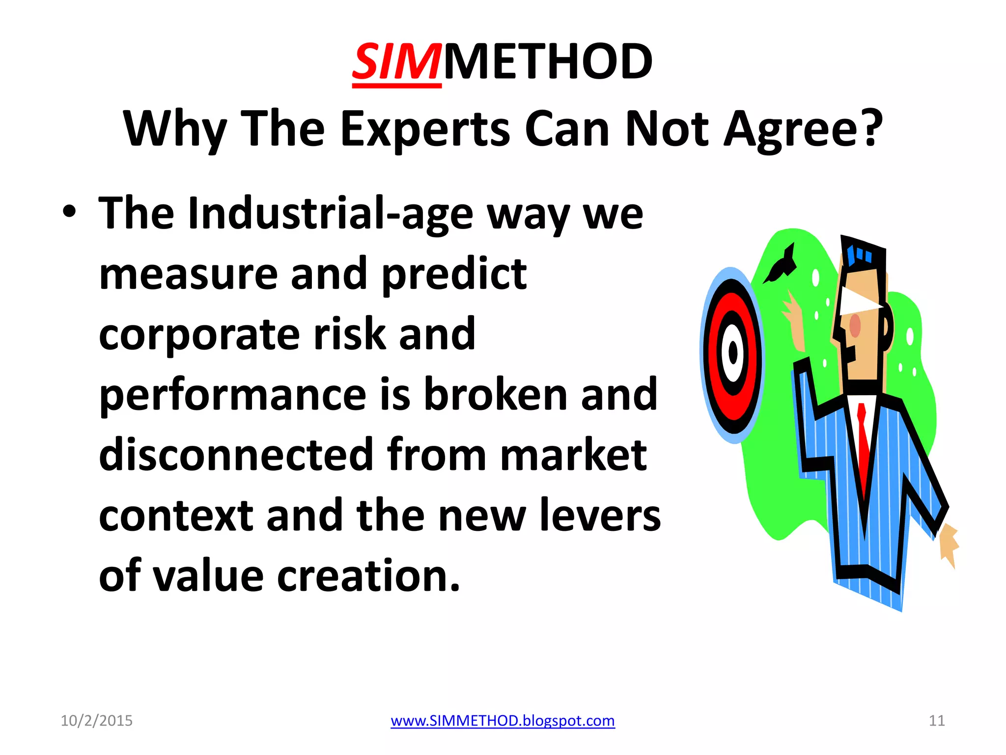 SIMMETHOD
Why The Experts Can Not Agree?
• The Industrial-age way we
measure and predict
corporate risk and
performance is broken and
disconnected from market
context and the new levers
of value creation.
10/2/2015 www.SIMMETHOD.blogspot.com 11
 