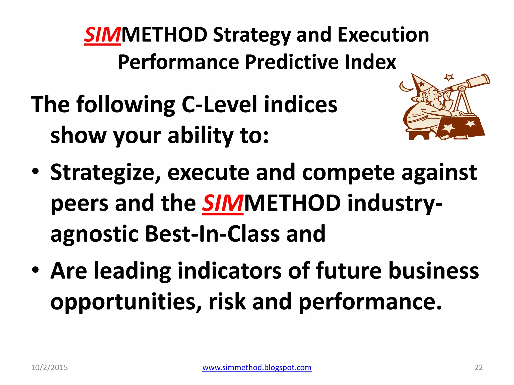 SIMMETHOD Strategy and Execution
Performance Predictive Index
The following C-Level indices
show your ability to:
• Strategize, execute and compete against
peers and the SIMMETHOD industry-
agnostic Best-In-Class and
• Are leading indicators of future business
opportunities, risk and performance.
10/2/2015 22www.simmethod.blogspot.com
 