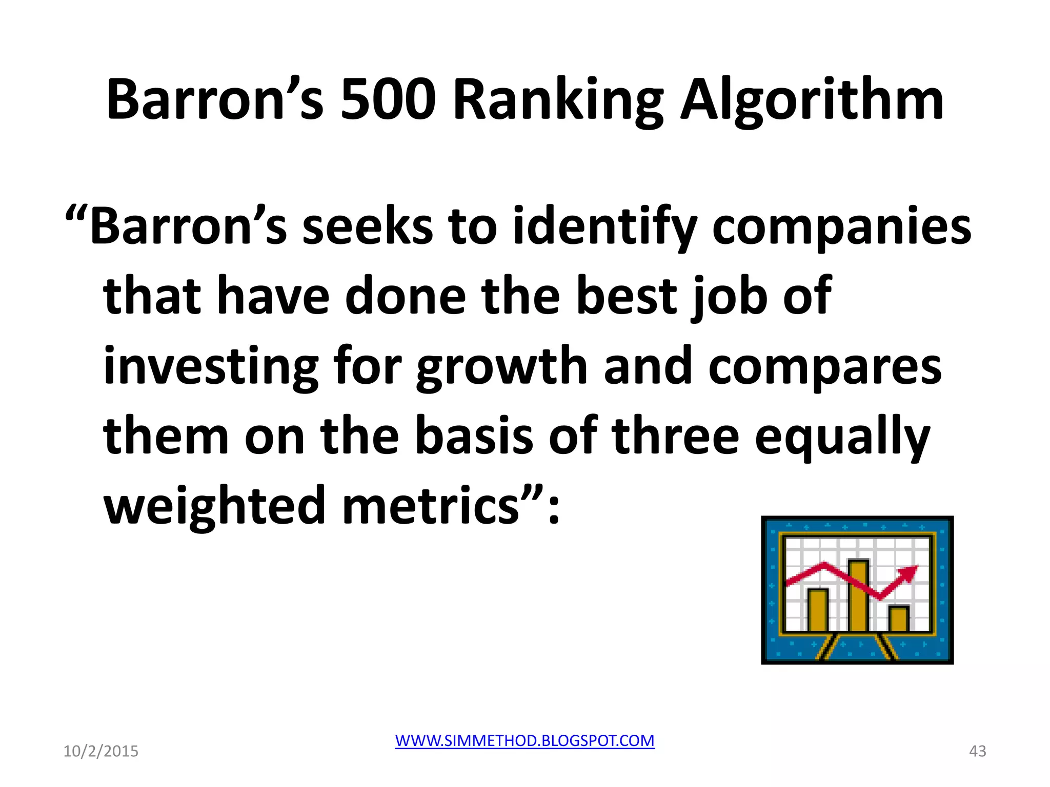 Barron’s 500 Ranking Algorithm
“Barron’s seeks to identify companies
that have done the best job of
investing for growth and compares
them on the basis of three equally
weighted metrics”:
10/2/2015
WWW.SIMMETHOD.BLOGSPOT.COM
43
 