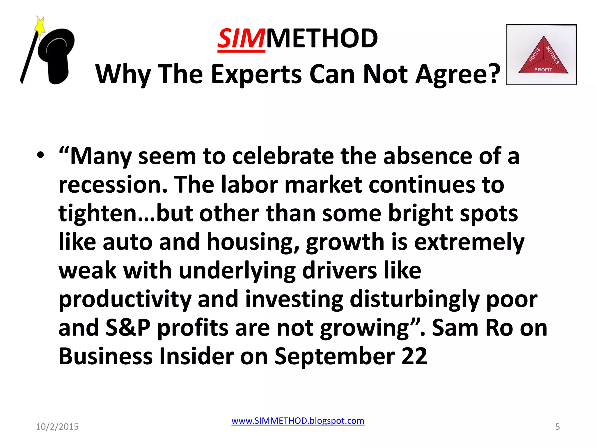 SIMMETHOD
Why The Experts Can Not Agree?
• “Many seem to celebrate the absence of a
recession. The labor market continues to
tighten…but other than some bright spots
like auto and housing, growth is extremely
weak with underlying drivers like
productivity and investing disturbingly poor
and S&P profits are not growing”. Sam Ro on
Business Insider on September 22
10/2/2015
www.SIMMETHOD.blogspot.com
5
 