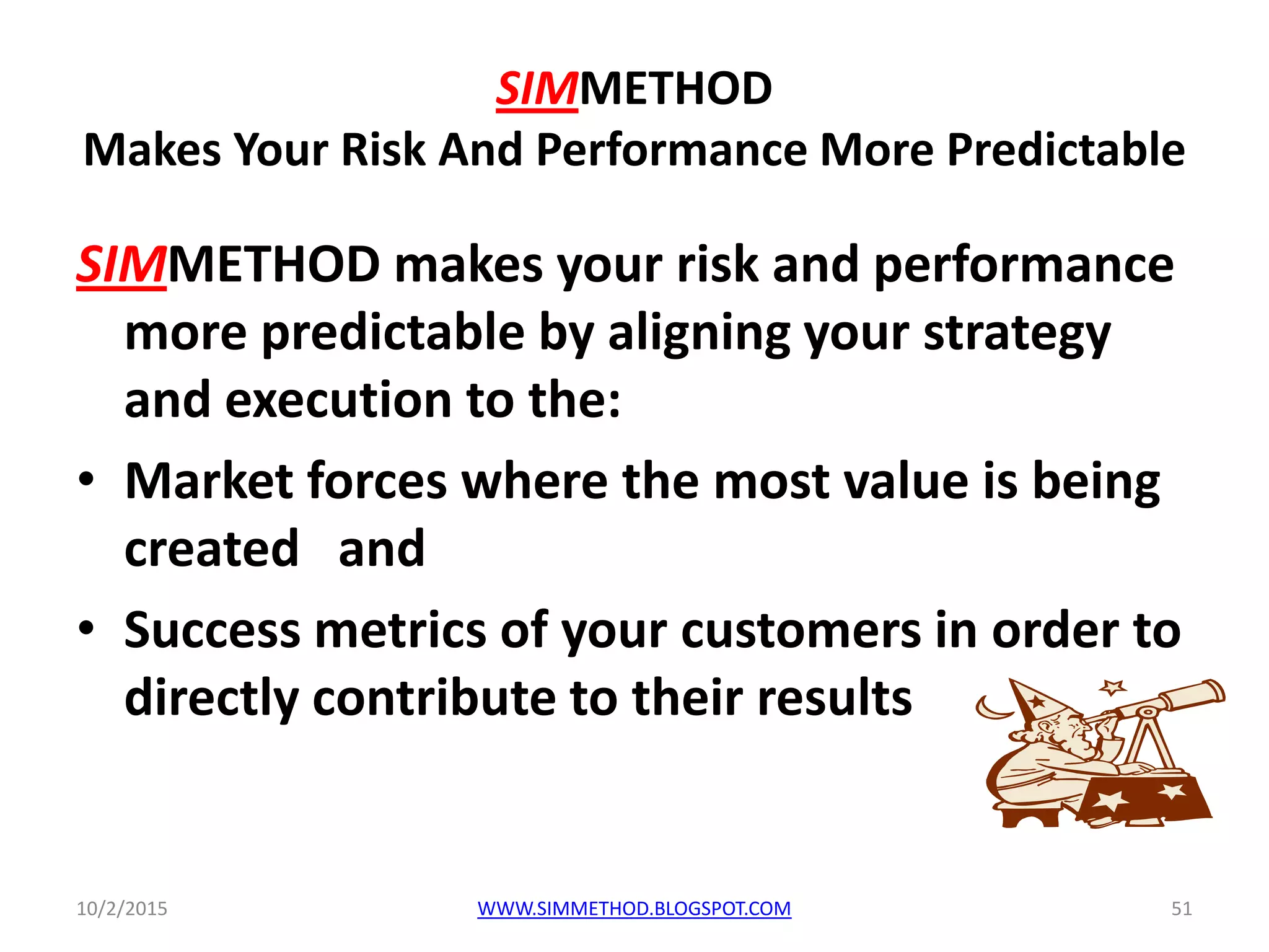 SIMMETHOD
Makes Your Risk And Performance More Predictable
SIMMETHOD makes your risk and performance
more predictable by aligning your strategy
and execution to the:
• Market forces where the most value is being
created and
• Success metrics of your customers in order to
directly contribute to their results
10/2/2015 WWW.SIMMETHOD.BLOGSPOT.COM 51
 