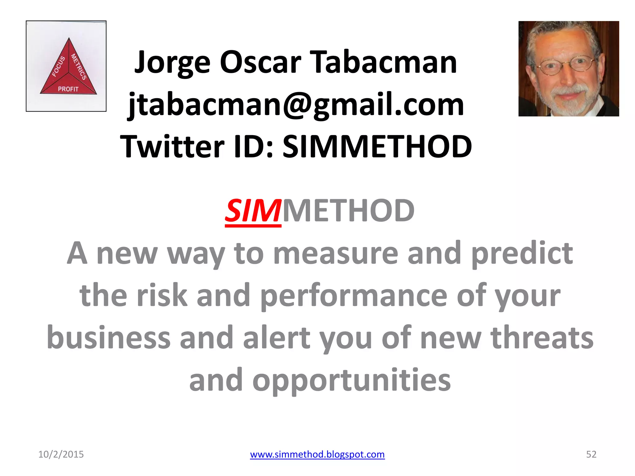 Jorge Oscar Tabacman
jtabacman@gmail.com
Twitter ID: SIMMETHOD
SIMMETHOD
A new way to measure and predict
the risk and performance of your
business and alert you of new threats
and opportunities
10/2/2015 52www.simmethod.blogspot.com
 