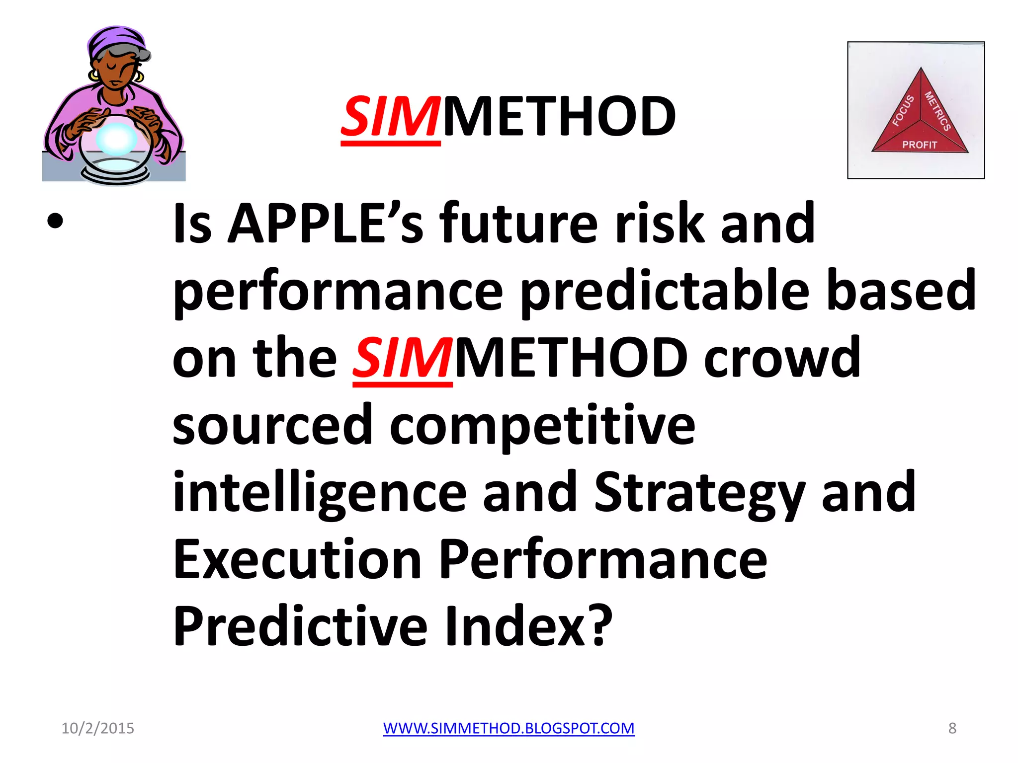 SIMMETHOD
• Is APPLE’s future risk and
performance predictable based
on the SIMMETHOD crowd
sourced competitive
intelligence and Strategy and
Execution Performance
Predictive Index?
10/2/2015 8WWW.SIMMETHOD.BLOGSPOT.COM
 