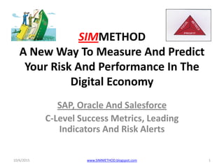 SIMMETHOD
A New Way To Measure And Predict
Your Risk And Performance In The
Digital Economy
SAP, Oracle And Salesforce
C-Level Success Metrics, Leading
Indicators And Risk Alerts
10/6/2015 1www.SIMMETHOD.blogspot.com
 