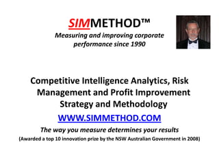 SIMMETHOD™Measuring and improving corporate performance since 1990 Competitive Intelligence Analytics, Risk Management and Profit Improvement  Strategy and Methodology WWW.SIMMETHOD.COM The way you measure determines your results (Awarded a top 10 innovation prize by the NSW Australian Government in 2008) 