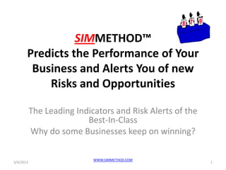 SIMMETHOD™
       Predicts the Performance of Your
        Business and Alerts You of new
           Risks and Opportunities

           The Leading Indicators and Risk Alerts of the
                          Best-In-Class
           Why do some Businesses keep on winning?

                            WWW.SIMMETHOD.COM
3/4/2013                                                   1
 