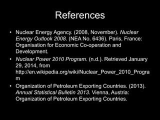 References
• Nuclear Energy Agency. (2008, November). Nuclear
Energy Outlook 2008. (NEA No. 6436). Paris, France:
Organisation for Economic Co-operation and
Development.
• Nuclear Power 2010 Program. (n.d.). Retrieved January
29, 2014, from
http://en.wikipedia.org/wiki/Nuclear_Power_2010_Progra
m
• Organization of Petroleum Exporting Countries. (2013).
Annual Statistical Bulletin 2013. Vienna, Austria:
Organization of Petroleum Exporting Countries.

 