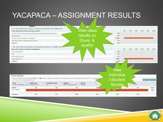 YACAPACA – ASSIGNMENT RESULTS
View class
results on
Ques. &
quality
View
Individua
l Student
Scores
 
