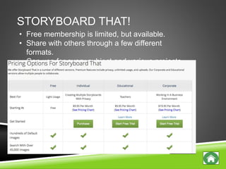 STORYBOARD THAT!
• Free membership is limited, but available.
• Share with others through a few different
formats.
• Can use for every subject and various projects.
 