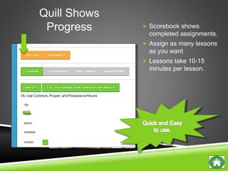 Quill Shows
Progress  Scorebook shows
completed assignments.
 Assign as many lessons
as you want
 Lessons take 10-15
minutes per lesson.
 