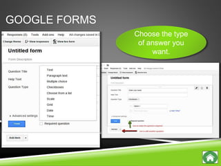 GOOGLE FORMS
Choose the type
of answer you
want.
 