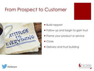  Build rapport
Follow up and begin to gain trust
Frame your product or service
Close
Delivery and trust building
#shlearn
From Prospect to Customer