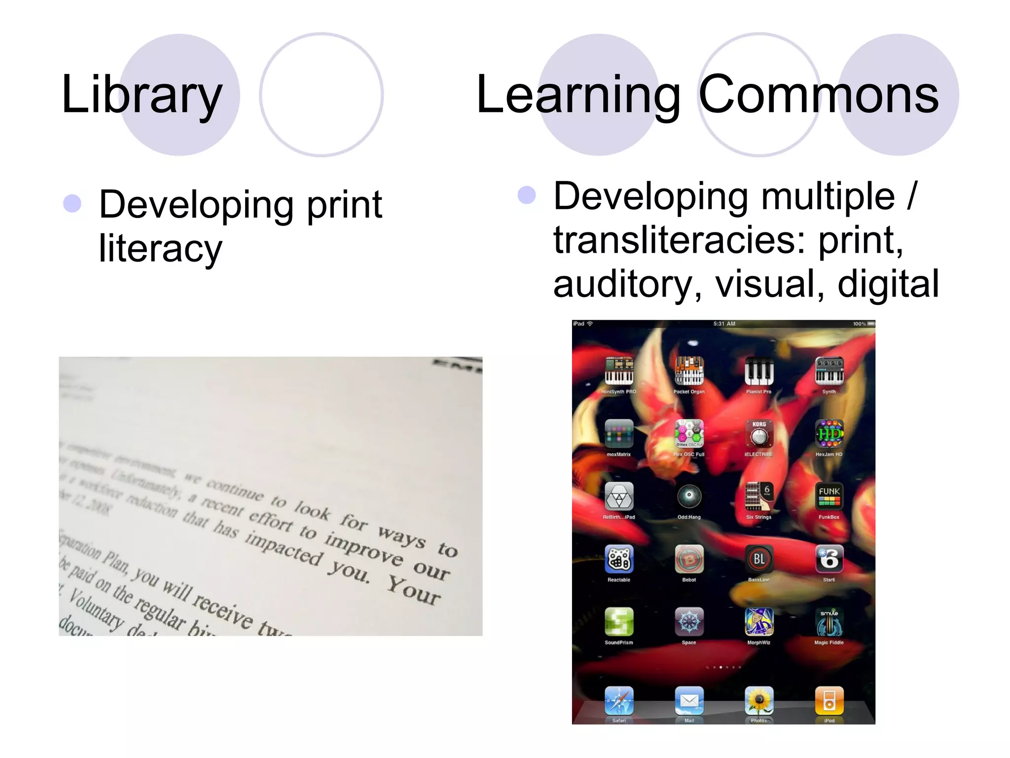 Library  Learning Commons Developing print literacy Developing multiple / transliteracies: print, auditory, visual, digital 