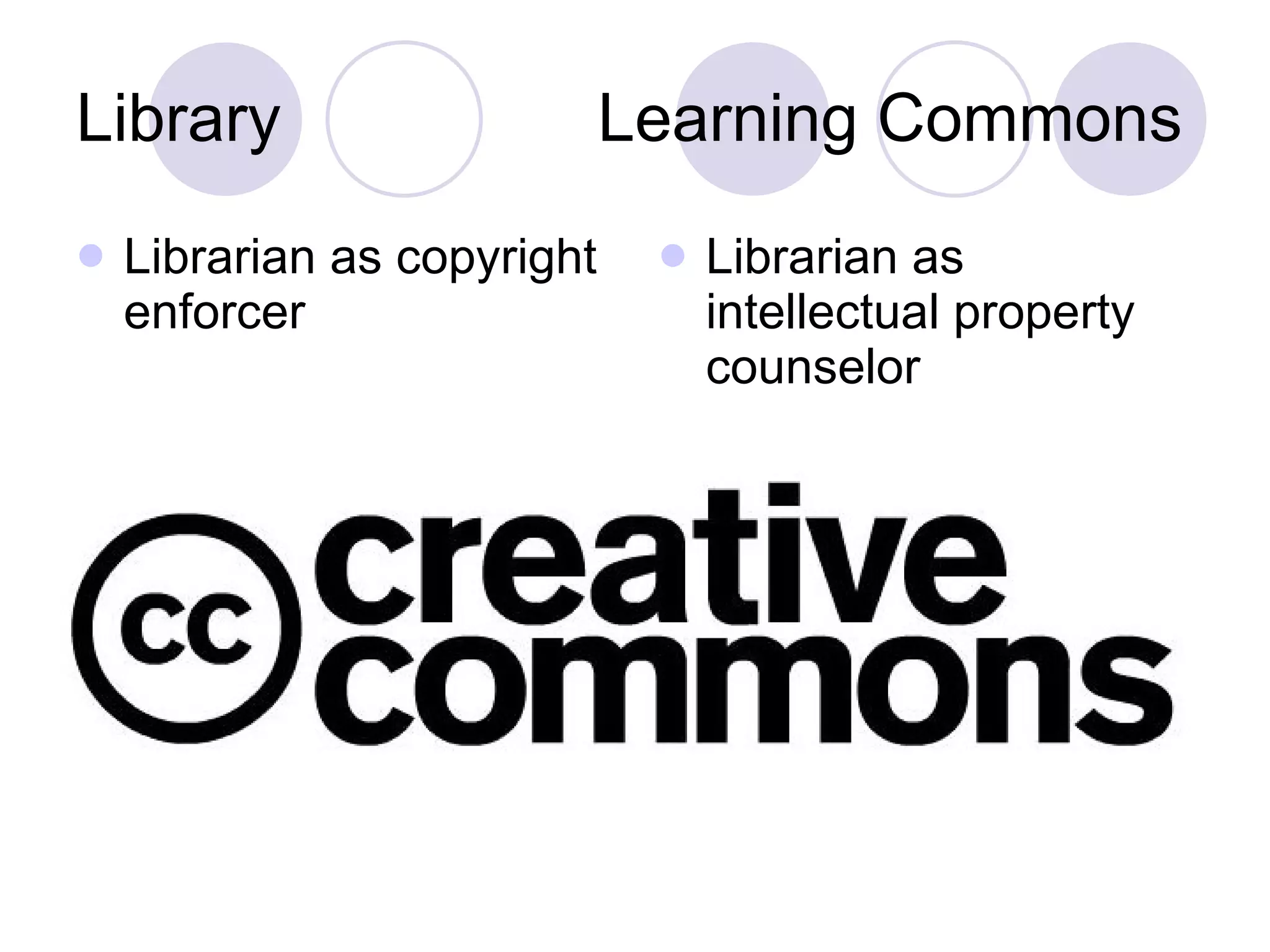 Library  Learning Commons Librarian as copyright enforcer Librarian as intellectual property counselor 