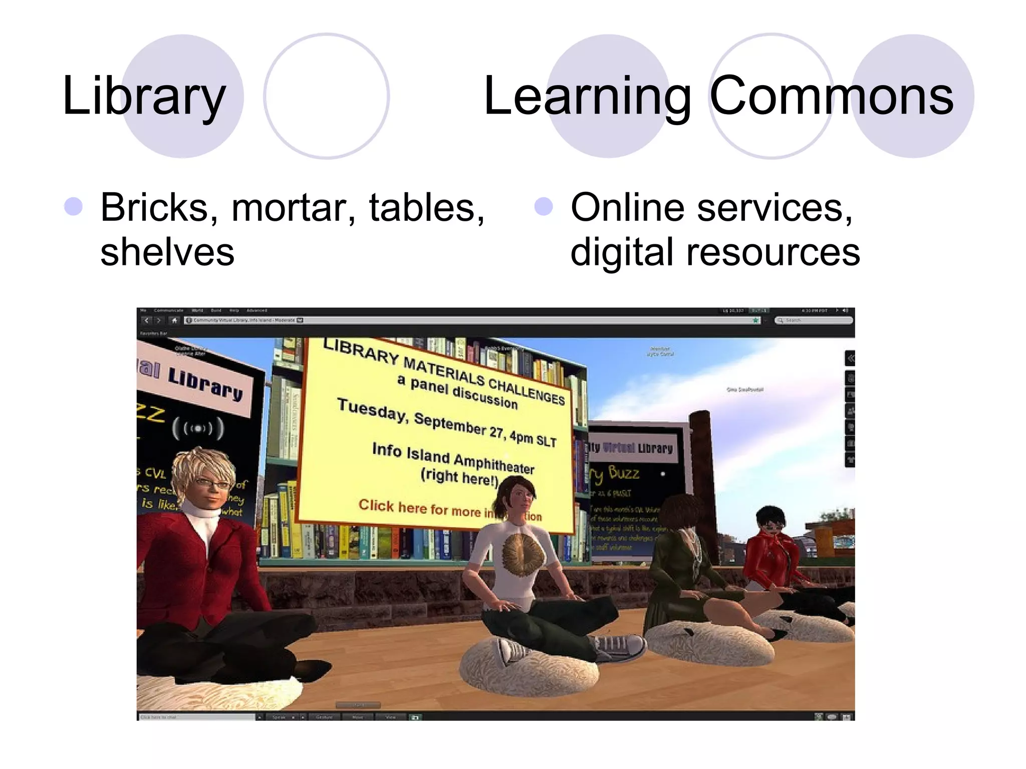 Library  Learning Commons Bricks, mortar, tables, shelves Online services, digital resources 