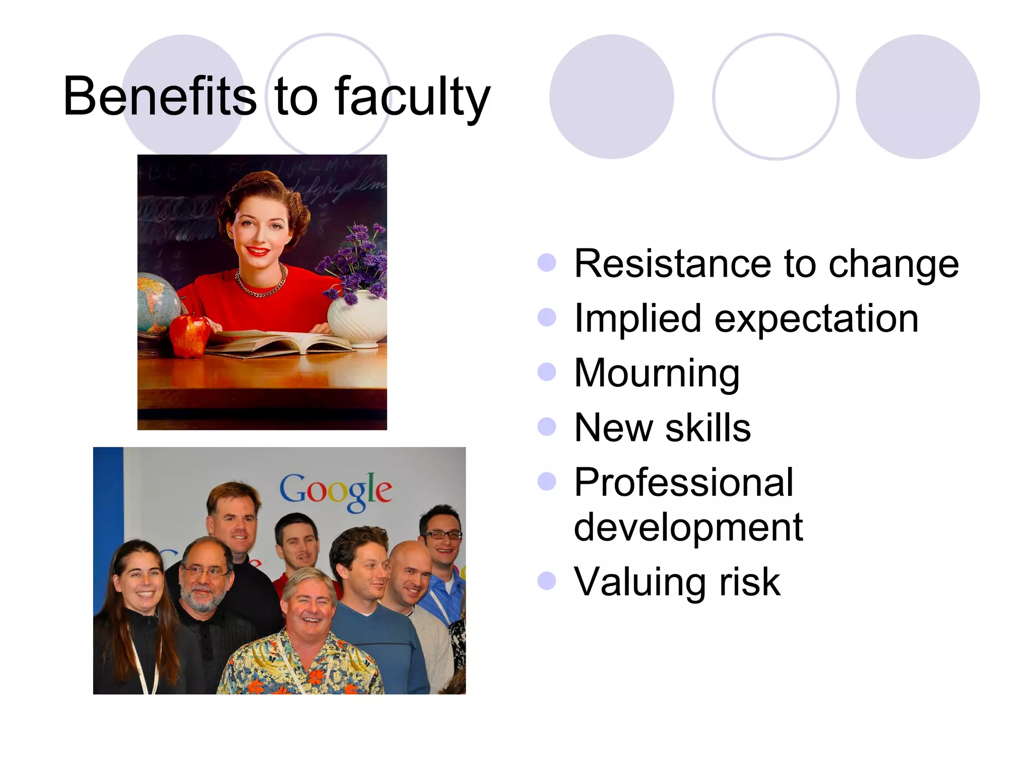 Benefits to faculty Resistance to change Implied expectation Mourning New skills Professional development Valuing risk 