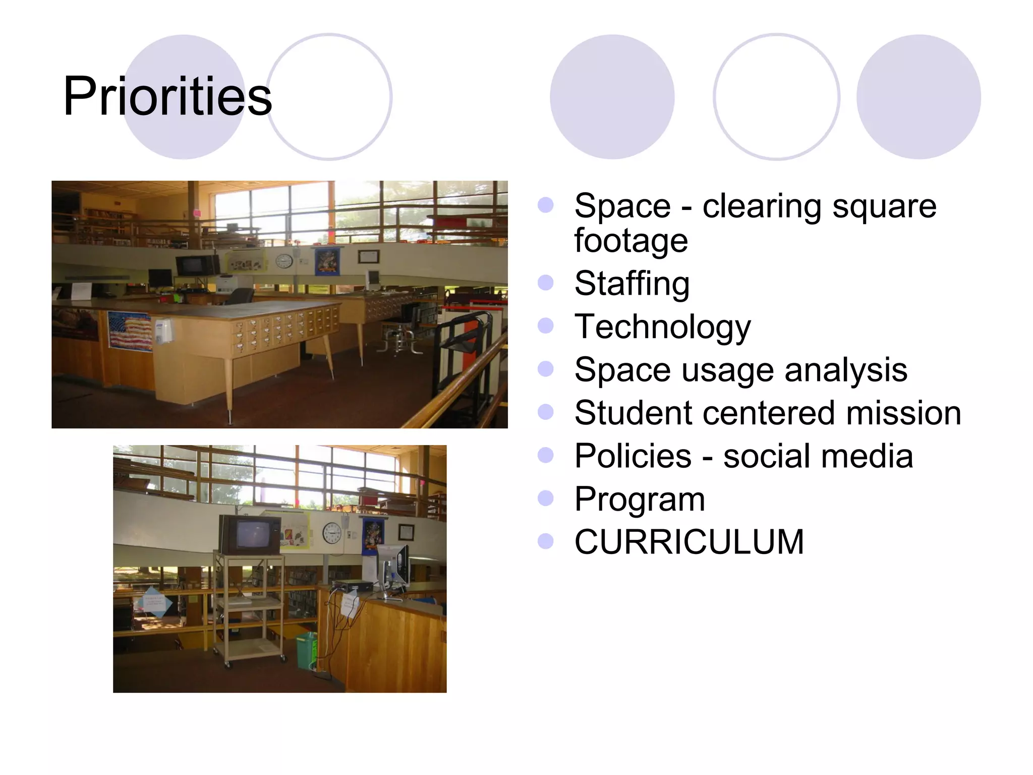 Priorities Space - clearing square footage Staffing Technology Space usage analysis Student centered mission Policies - social media Program CURRICULUM 