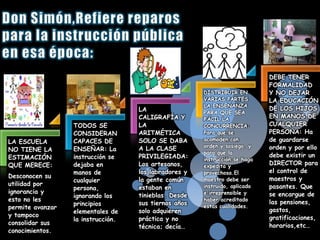 DEBE TENER
                                                                             FORMALIDAD
                                                       DISTRIBUIR EN         Y NO DEJAR
                                                       VARIAS PARTES         LA EDUCACIÓN
                                                       LA ENSEÑANZA
                                    LA                                       DE LOS HIJOS
                                                       PARA QUE SEA
                                    CALIGRAFÍA Y       FÁCIL LA
                                                                             EN MANOS DE
                  TODOS SE          LA                 CONCURRENCIA:         CUALQUIER
                  CONSIDERAN        ARITMÉTICA         Para que se           PERSONA: Ha
LA ESCUELA        CAPACES DE        SOLO SE DABA       acomoden con          de guardarse
                                                       orden y sosiego, y    orden y por ello
NO TIENE LA       ENSEÑAR: La       A LA CLASE
                                                       para que la
ESTIMACIÓN        instrucción se    PRIVILEGIADA:                            debe existir un
                                                       instrucción se haga
QUE MERECE:       dejaba en         Los artesanos,     expedita y
                                                                             DIRECTOR para
                  manos de          los labradores y   provechosa.El         el control de
Desconocen su                                                                maestros y
                  cualquier         la gente común     maestro debe ser
utilidad por                                           instruido, aplicado   pasantes. Que
                  persona,          estaban en
ignorancia y                                           e irreprensible y     se encargue de
                  ignorando los     tinieblas. Desde
esto no les                                            haber acreditado
                                                                             las pensiones,
                  principios        sus tiernos años   estas cualidades.
permite avanzar                                                              gastos,
                  elementales de    solo adquieren
y tampoco                                                                    gratificaciones,
                  la instrucción.   práctica y no
consolidar sus                                                               horarios,etc…
                                    técnica; decía…
conocimientos.
 