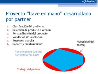 Proyecto “llave en mano” desarrollado por partner Clasificación del problema Selección de producto o versión Personalización del producto Validación de la solución Puesta en marcha  Soporte y mantenimiento Necesidad del cliente Funcionalidad cubierta por plataforma ECM Trabajo del partner 
