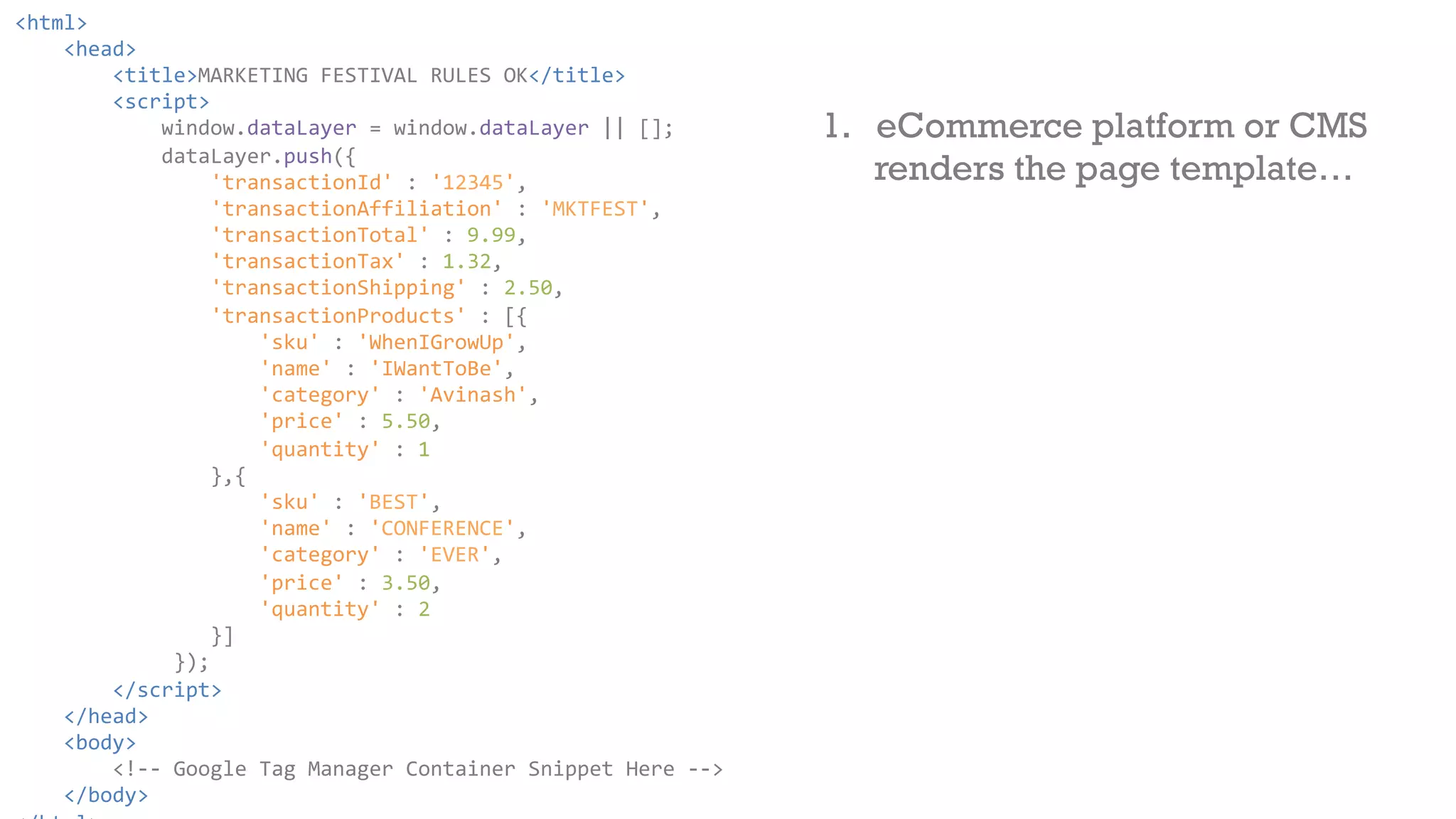 <html> 
<head> 
<title>MARKETING 
FESTIVAL 
RULES 
OK</title> 
<script> 
window.dataLayer 
= 
window.dataLayer 
|| 
[]; 
dataLayer.push({ 
'transactionId' 
: 
'12345', 
'transactionAffiliation' 
: 
'MKTFEST', 
'transactionTotal' 
: 
9.99, 
'transactionTax' 
: 
1.32, 
'transactionShipping' 
: 
2.50, 
'transactionProducts' 
: 
[{ 
'sku' 
: 
'WhenIGrowUp', 
'name' 
: 
'IWantToBe', 
'category' 
: 
'Avinash', 
'price' 
: 
5.50, 
'quantity' 
: 
1 
},{ 
'sku' 
: 
'BEST', 
'name' 
: 
'CONFERENCE', 
'category' 
: 
'EVER', 
'price' 
: 
3.50, 
'quantity' 
: 
2 
}] 
}); 
</script> 
</head> 
<body> 
<!-­‐-­‐ 
Google 
Tag 
Manager 
Container 
Snippet 
Here 
-­‐-­‐> 
</body> 
</html> 
1. eCommerce platform or CMS 
renders the page template… 
 
