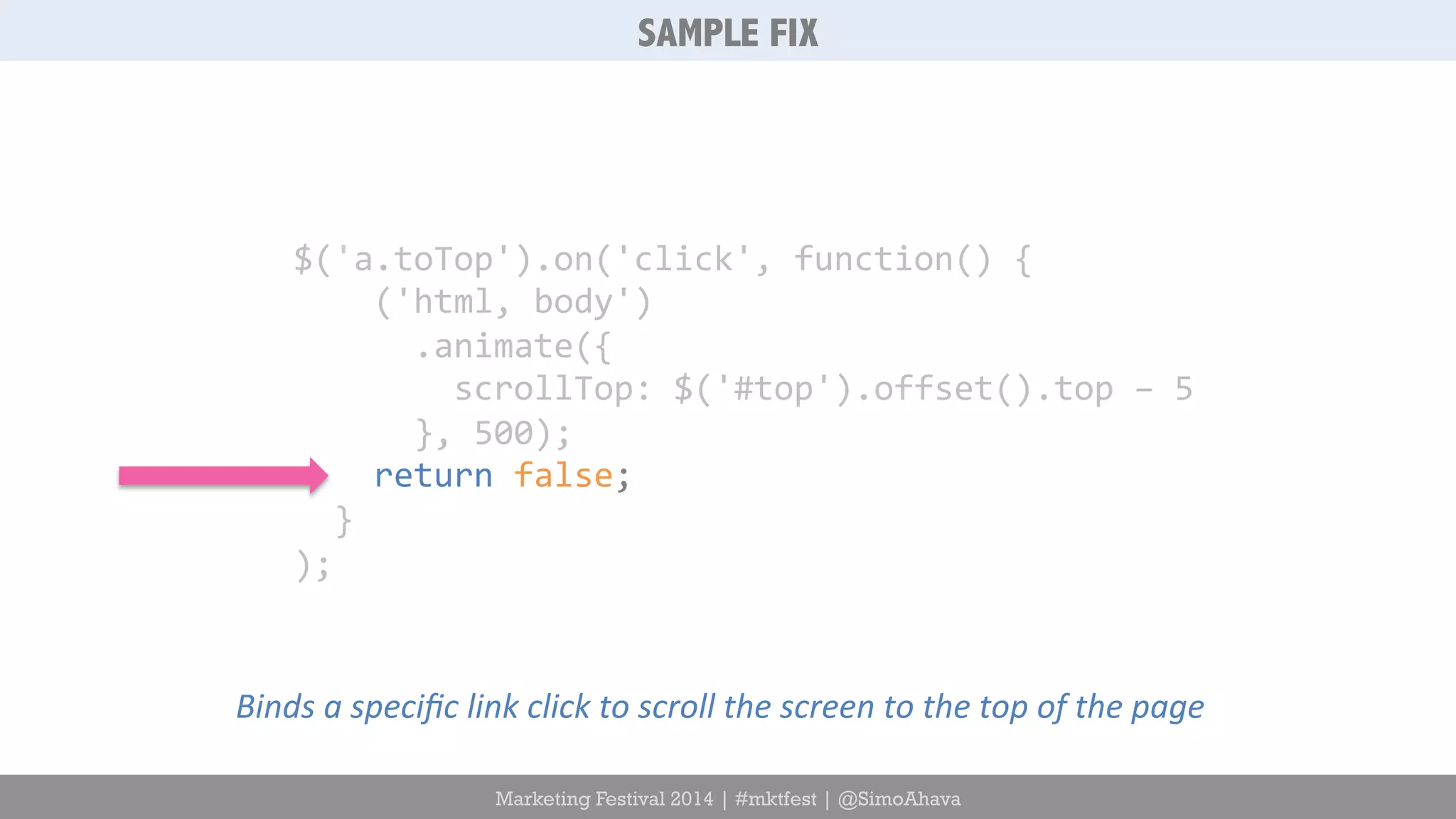 SAMPLE FIX 
$('a.toTop').on('click', 
function() 
{ 
('html, 
body') 
.animate({ 
scrollTop: 
$('#top').offset().top 
– 
5 
}, 
500); 
return 
false; 
} 
); 
Binds 
a 
specific 
link 
click 
to 
scroll 
the 
screen 
to 
the 
top 
of 
the 
page 
Marketing Festival 2014 | #mktfest | @SimoAhava 
 