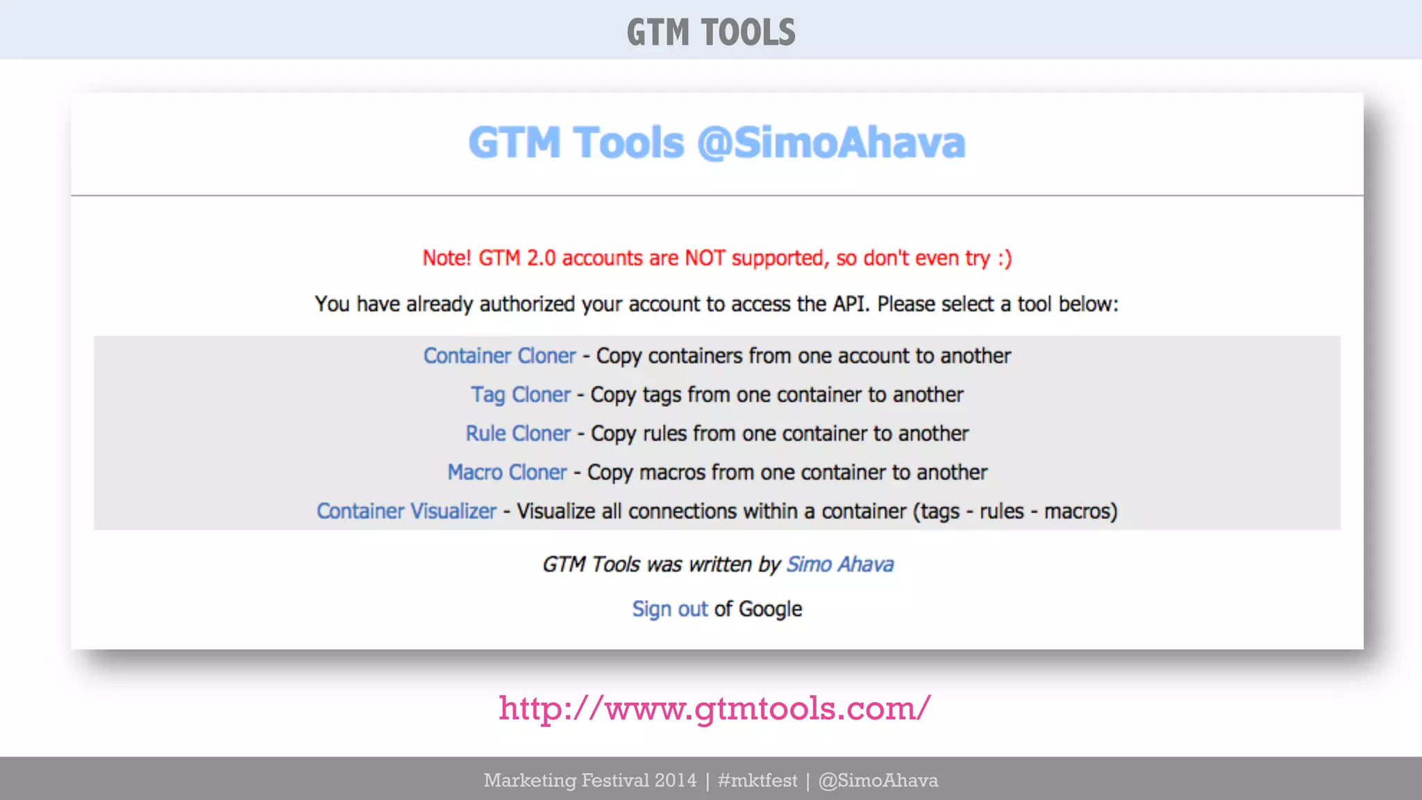 GTM TOOLS 
http://www.gtmtools.com/ 
Marketing Festival 2014 | #mktfest | @SimoAhava 
 