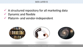 DATA LAYER IS 
ü A 
structured 
repository 
for 
all 
marke6ng 
data 
ü Dynamic 
and 
flexible 
ü Platorm-­‐ 
and 
vendor-­‐independent 
Marketing Festival 2014 | #mktfest | @SimoAhava 
 