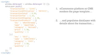 <script> 
window.dataLayer 
= 
window.dataLayer 
|| 
[]; 
dataLayer.push({ 
'transactionId' 
: 
'12345', 
'transactionAffiliation' 
: 
'MKTFEST', 
'transactionTotal' 
: 
9.99, 
'transactionTax' 
: 
1.32, 
'transactionShipping' 
: 
2.50, 
'transactionProducts' 
: 
[{ 
'sku' 
: 
'WhenIGrowUp', 
'name' 
: 
'IWantToBe', 
'category' 
: 
'Avinash', 
'price' 
: 
5.50, 
'quantity' 
: 
1 
},{ 
'sku' 
: 
'BEST', 
'name' 
: 
'CONFERENCE', 
'category' 
: 
'EVER', 
'price' 
: 
3.50, 
'quantity' 
: 
2 
}] 
}); 
</script> 
1. eCommerce platform or CMS 
renders the page template… 
2. …and populates dataLayer with 
details about the transaction… 
 