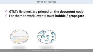ü GTM's 
listeners 
are 
primed 
on 
the 
document 
Marketing Festival 2014 | #mktfest | @SimoAhava 
node 
ü For 
them 
to 
work, 
events 
must 
bubble 
/ 
propagate 
EVENT DELEGATION 
 