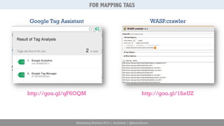 FOR MAPPING TAGS 
Google Tag Assistant 
http://goo.gl/qF6OQM 
Marketing Festival 2014 | #mktfest | @SimoAhava 
WASP.crawler 
http://goo.gl/1fieUZ 
 
