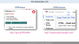FOR DEBUGGING GTM 
Marketing Festival 2014 | #mktfest | @SimoAhava 
GTM Sonar 
http://goo.gl/NVmBhv 
GTM Preview 
http://tagmanager.google.com/ 
 