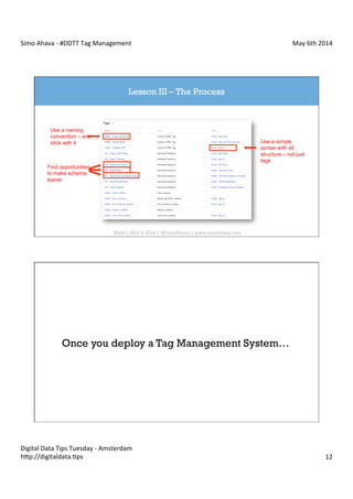 Simo	
  Ahava	
  -­‐	
  #DDTT	
  Tag	
  Management	
   May	
  6th	
  2014	
  
Digital	
  Data	
  Tips	
  Tuesday	
  -­‐	
  Amsterdam	
  
h?p://digitaldata.Cps	
   12	
  
Lesson III – The Process
Use a naming
convention – and
stick with it Use a simple
syntax with all
structure – not just
tags
Find opportunities
to make schema
leaner
#dd?	
  |	
  May	
  6	
  2014	
  |	
  @SimoAhava	
  |	
  www.simoahava.com	
  
Once you deploy a Tag Management System…
 
