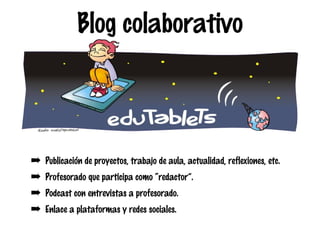 Blog colaborativo

➡
➡
➡
➡

Publicación de proyectos, trabajo de aula, actualidad, reflexiones, etc.
Profesorado que participa como “redactor”.
Podcast con entrevistas a profesorado.
Enlace a plataformas y redes sociales.

 
