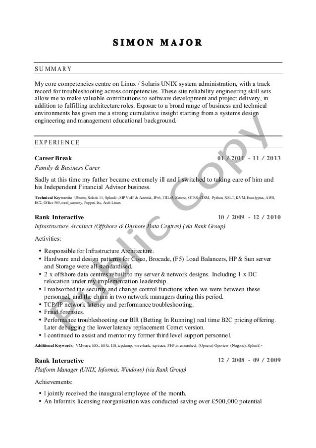 cv curriculum vitae resume simon major unix admin resumes