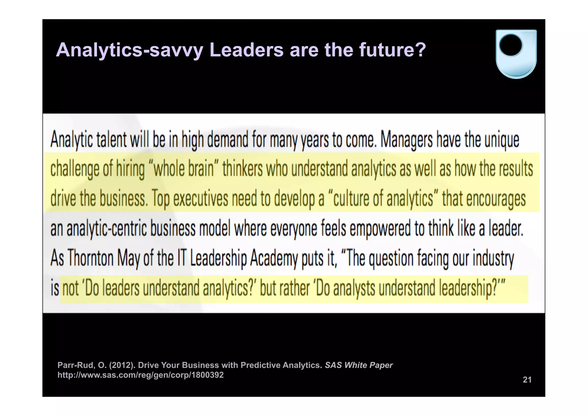 Analytics-savvy Leaders are the future?




Parr-Rud, O. (2012). Drive Your Business with Predictive Analytics. SAS White Paper
http://www.sas.com/reg/gen/corp/1800392
                                                                                      21
 