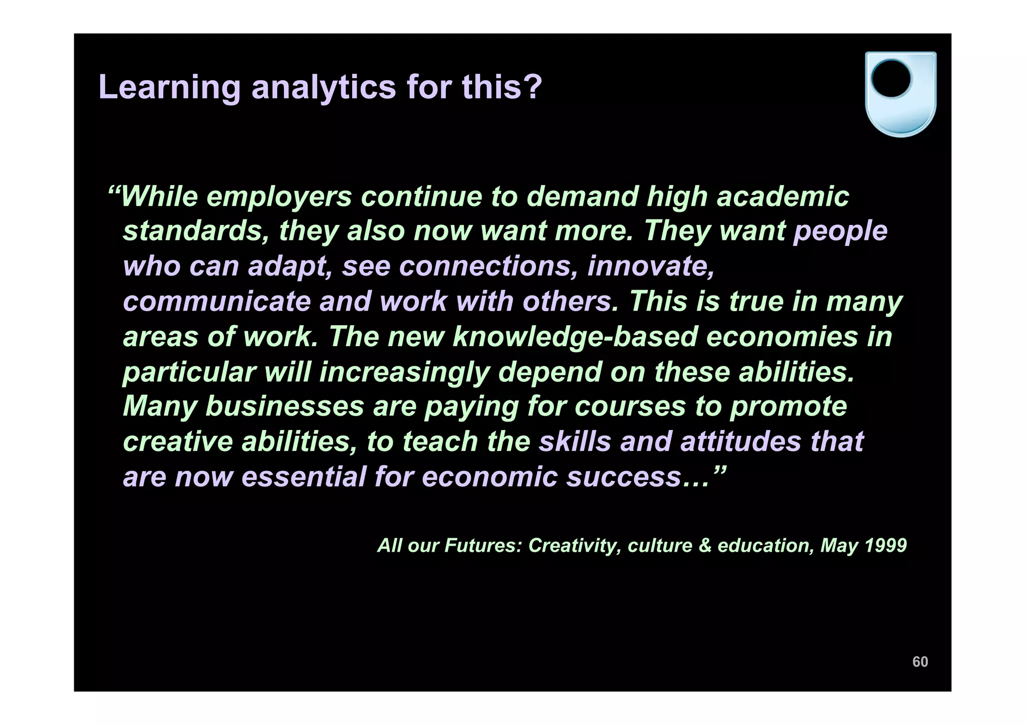 Learning analytics for this?


“While employers continue to demand high academic
 standards, they also now want more. They want people
 who can adapt, see connections, innovate,
 communicate and work with others. This is true in many
 areas of work. The new knowledge-based economies in
 particular will increasingly depend on these abilities.
 Many businesses are paying for courses to promote
 creative abilities, to teach the skills and attitudes that
 are now essential for economic success…”

                    All our Futures: Creativity, culture & education, May 1999




                                                                                 60
 