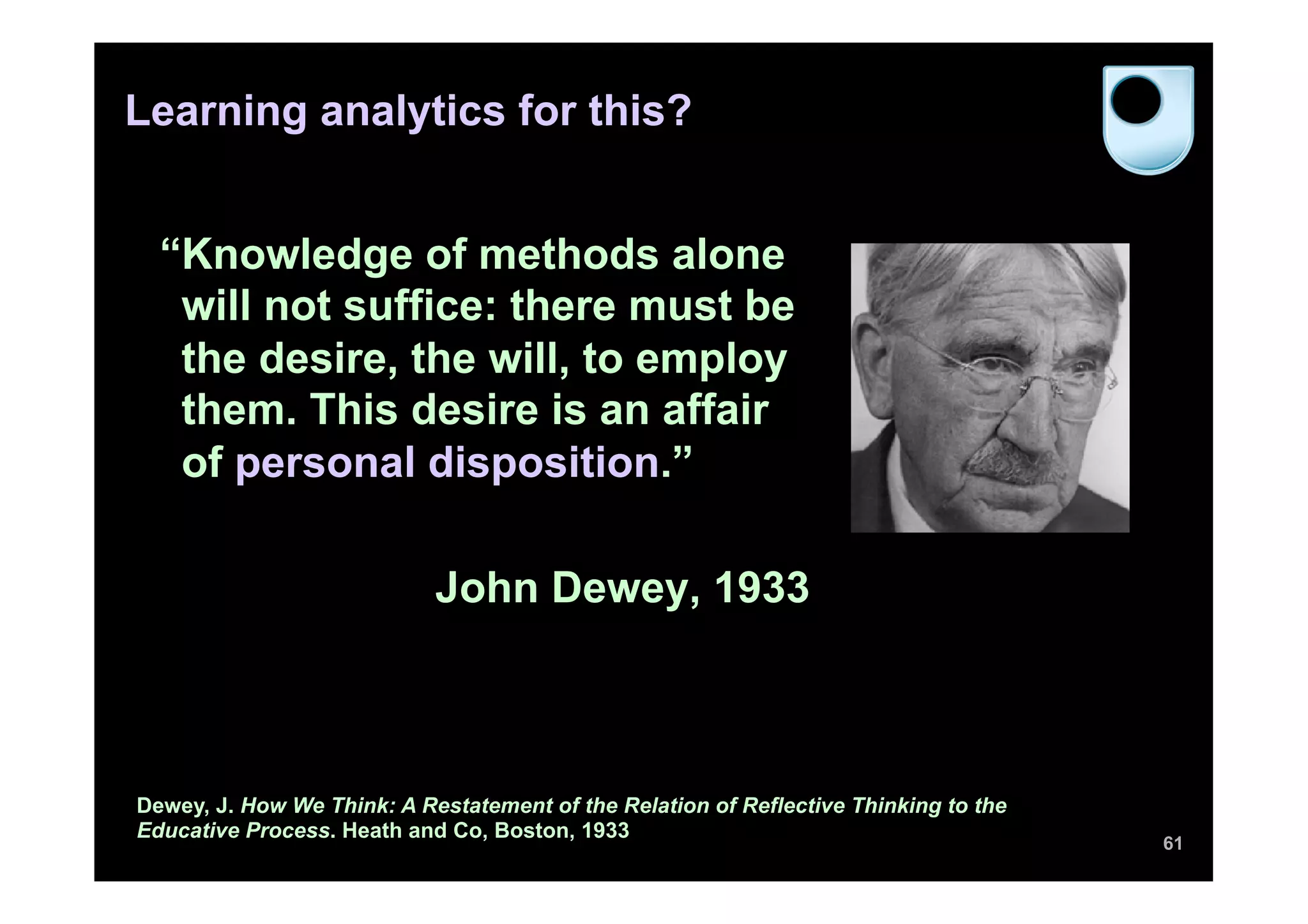 Learning analytics for this?


  “Knowledge of methods alone
   will not suffice: there must be
   the desire, the will, to employ
   them. This desire is an affair
   of personal disposition.”

                            John Dewey, 1933



Dewey, J. How We Think: A Restatement of the Relation of Reflective Thinking to the
Educative Process. Heath and Co, Boston, 1933
                                                                                      61
 