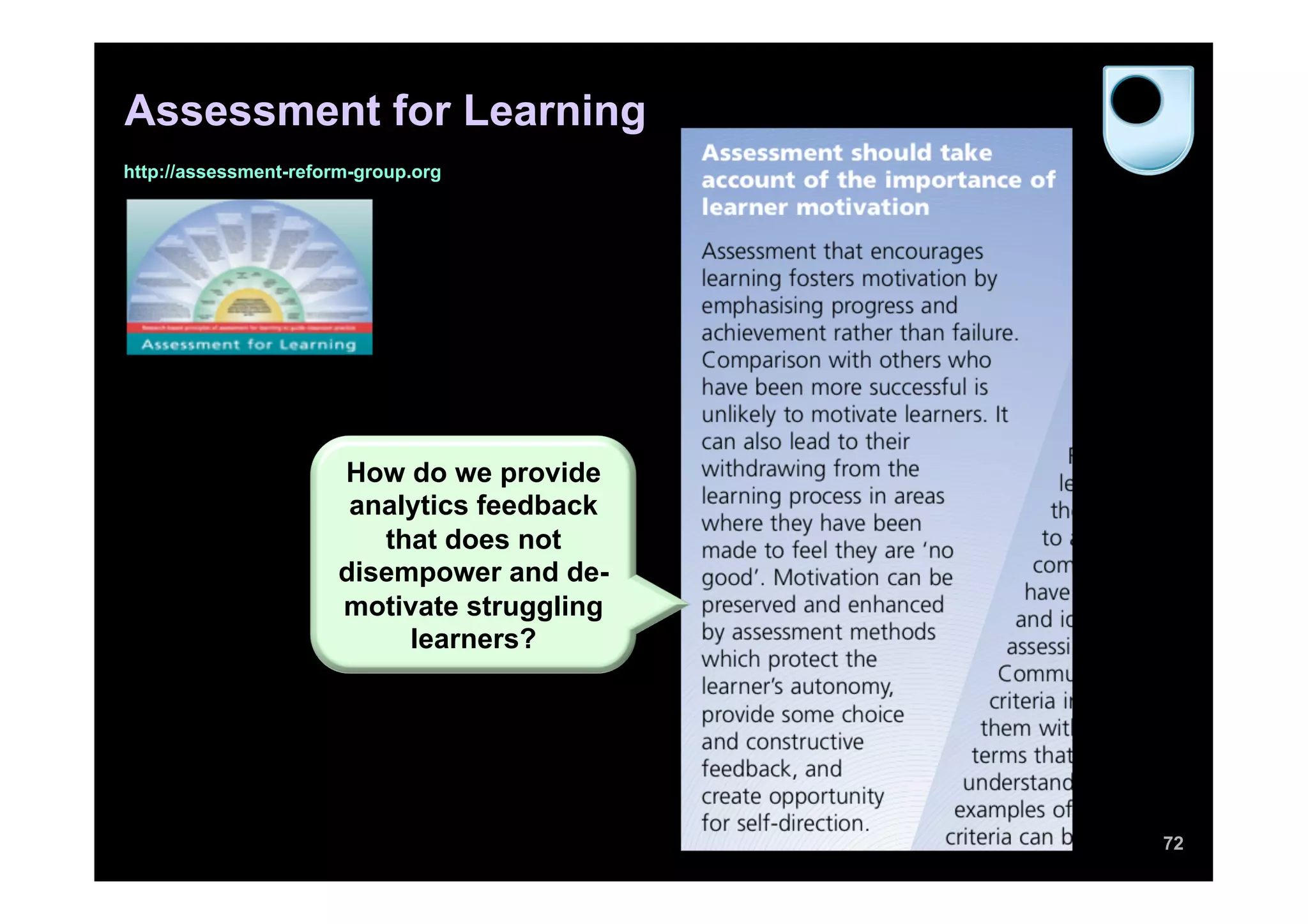 Assessment for Learning
http://assessment-reform-group.org




                      How do we provide
                       analytics feedback
                         that does not
                      disempower and de-
                      motivate struggling
                           learners?




                                            72
 
