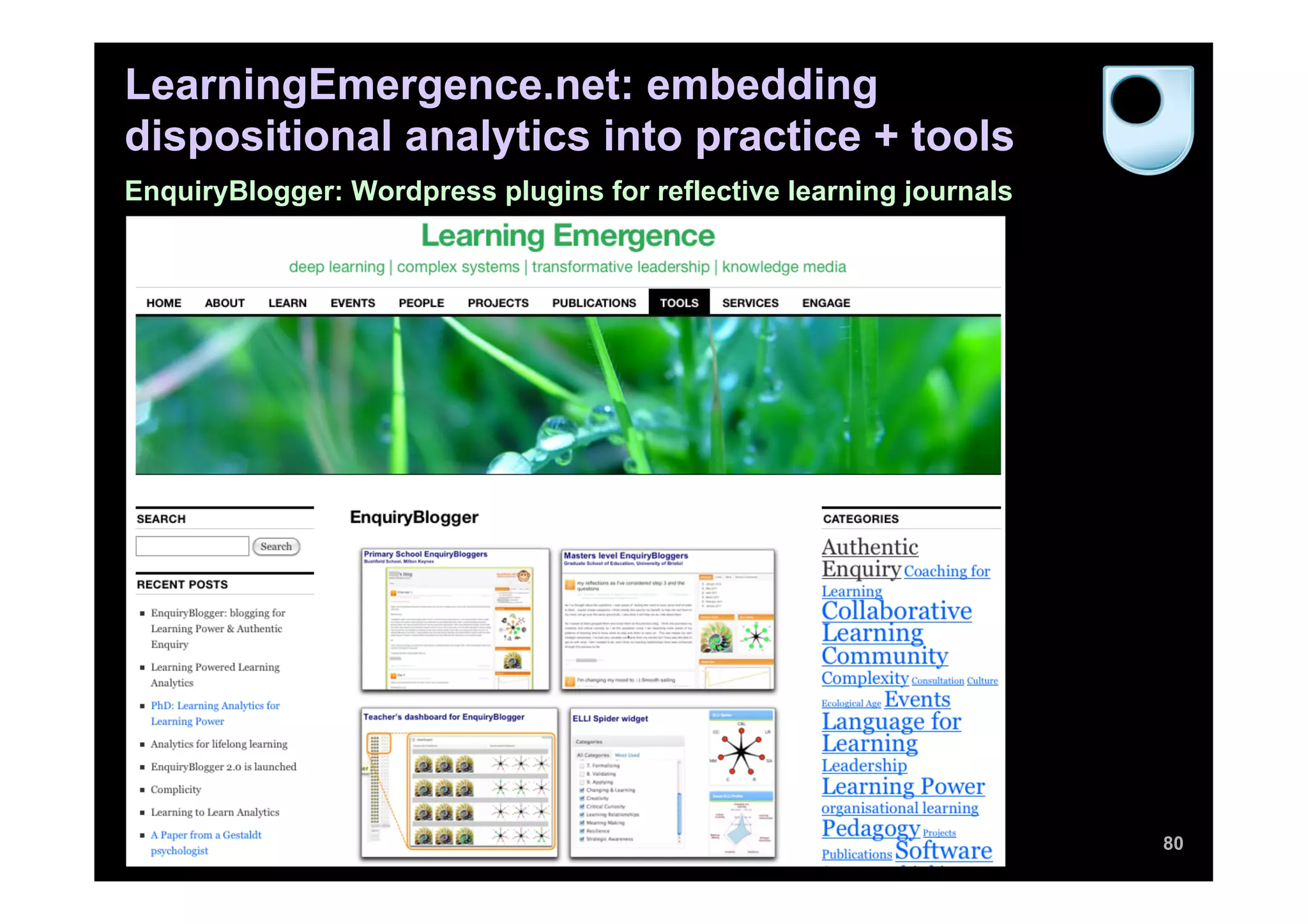 LearningEmergence.net: embedding
dispositional analytics into practice + tools
EnquiryBlogger: Wordpress plugins for reflective learning journals




                                                                     80
 